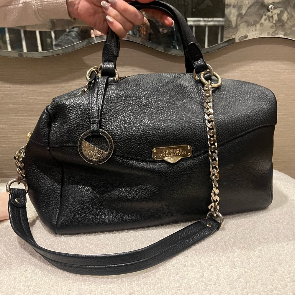Versace Collection black pebbled leather satchel bowling style bag